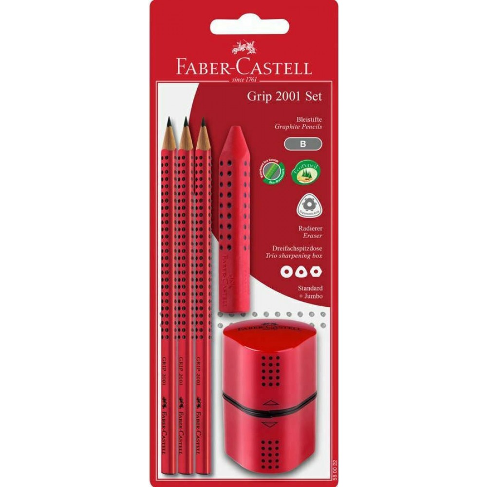 Faber-Castell Grip 2001 Σετ 3 Μολύβια 2B με Γόμα Ξύστρα Κόκκινο 5τμχ Faber-Castell Grip 2001 Σετ 3 Μολύβια 2B με Γόμα Ξύστρα Κόκκινο 5τμχ