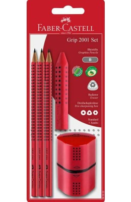 Faber-Castell Grip 2001 Σετ 3 Μολύβια 2B με Γόμα Ξύστρα Κόκκινο 5τμχ