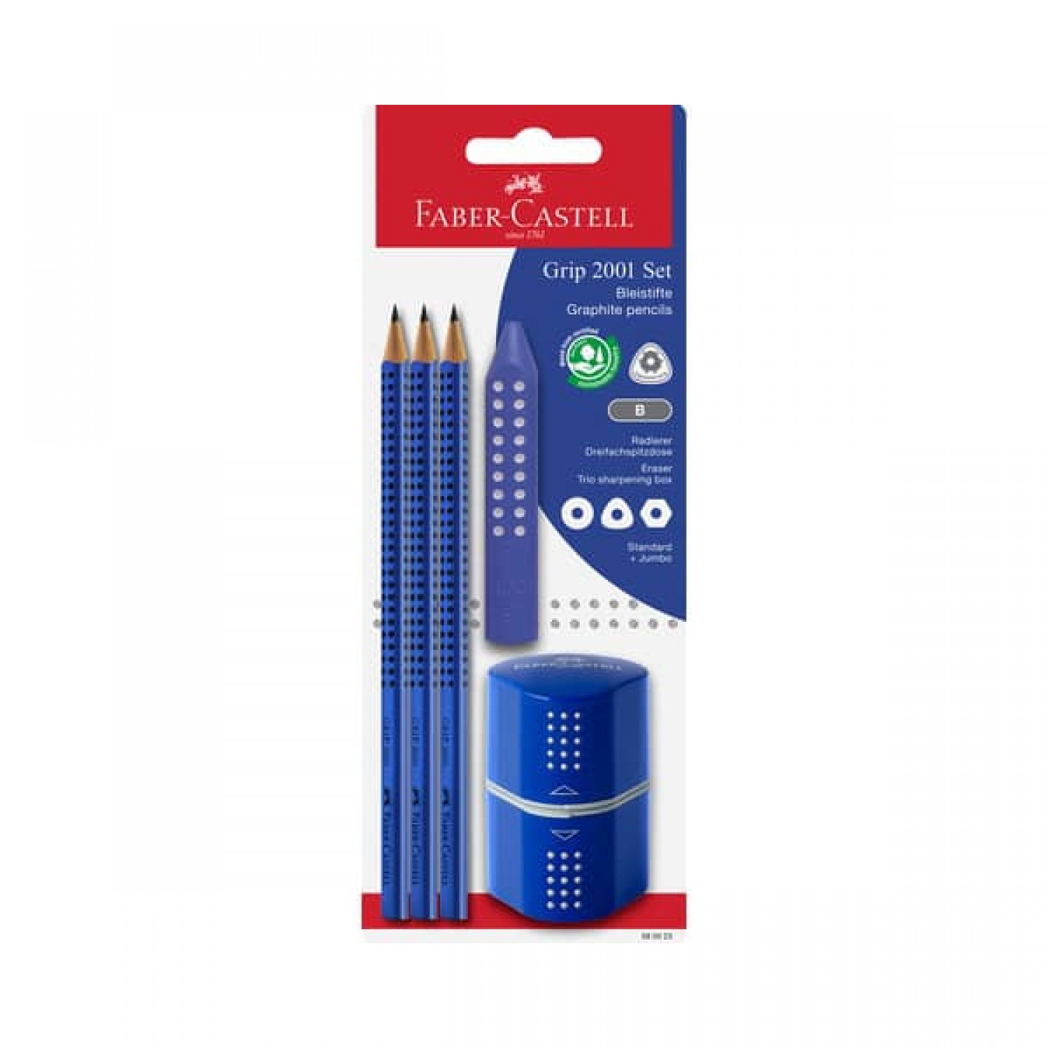 Faber-Castell Grip 2001 Σετ 3 Μολύβια 2B με Γόμα Ξύστρα Μπλε 5τμχ