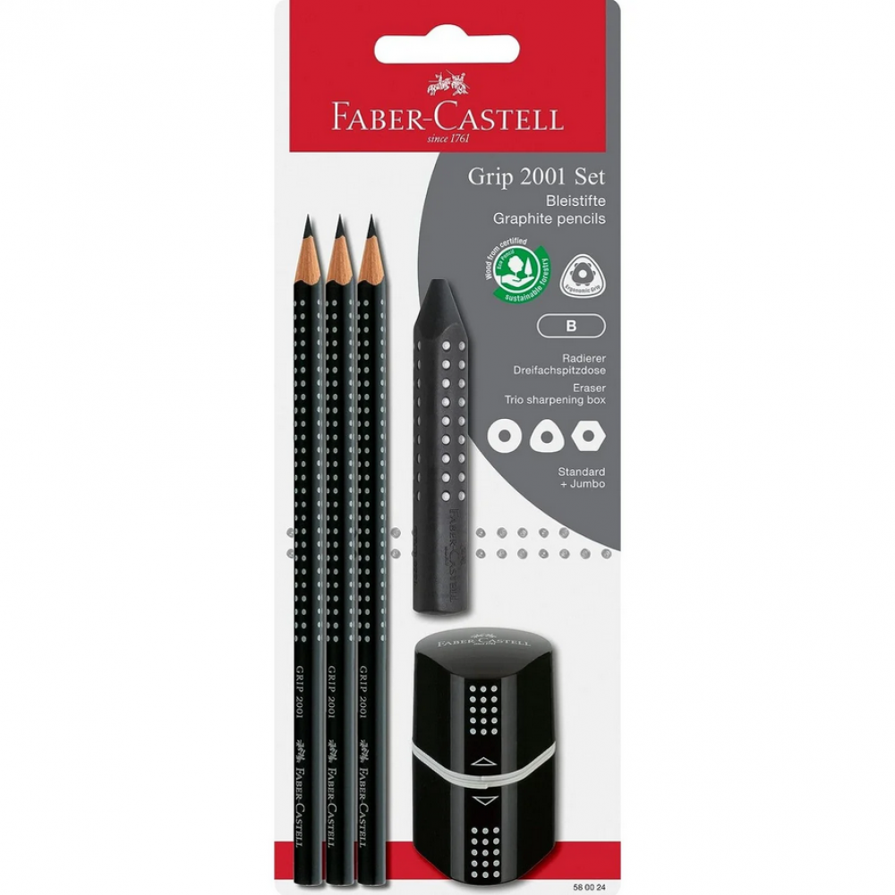 Faber-Castell Grip 2001 Σετ 3 Μολύβια B με Γόμα Ξύστρα Μαύρο 5τμχ Faber-Castell Grip 2001 Σετ 3 Μολύβια B με Γόμα Ξύστρα Μαύρο 5τμχ
