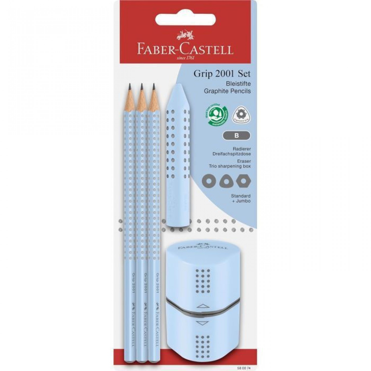 Faber-Castell Grip 2001 Σετ 3 Μολύβια B με Γόμα Ξύστρα Γαλάζιο 5τμχ