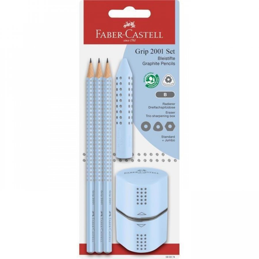 Faber-Castell Grip 2001 Σετ 3 Μολύβια B με Γόμα Ξύστρα Γαλάζιο 5τμχ Faber-Castell Grip 2001 Σετ 3 Μολύβια B με Γόμα Ξύστρα Γαλάζιο 5τμχ