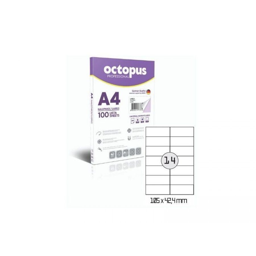 Octopus Professional 100 Αυτοκόλλητες Ετικέτες Εκτυπωτών Α4 14/Φ Ορθογώνιες 105x42,3mm (UNL0214) Octopus Professional 100 Αυτοκόλλητες Ετικέτες Εκτυπωτών Α4 14/Φ Ορθογώνιες 105x42,3mm (UNL0214)