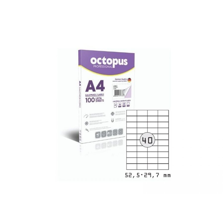 Octopus Professional 100 Αυτοκόλλητες Ετικέτες Εκτυπωτών Α4 40/Φ Ορθογώνιες 52,5x29,7mm (UNL0196) Octopus Professional 100 Αυτοκόλλητες Ετικέτες Εκτυπωτών Α4 40/Φ Ορθογώνιες 52,5x29,7mm (UNL0196)