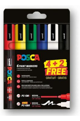 Uni-Ball Posca Σετ 4 Μαρκαδόροι Posca PC5M + 2 Δώρο PC5BR Μύτη Πινέλο