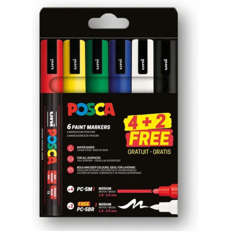 Uni-Ball Posca Σετ 4 Μαρκαδόροι Posca PC5M + 2 Δώρο PC5BR Μύτη Πινέλο Uni-Ball Posca Σετ 4 Μαρκαδόροι Posca PC5M + 2 Δώρο PC5BR Μύτη Πινέλο
